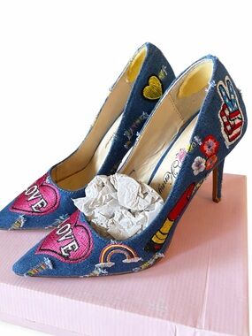 Denim Embroidered Patch Pointed-Toe Heels - Blue